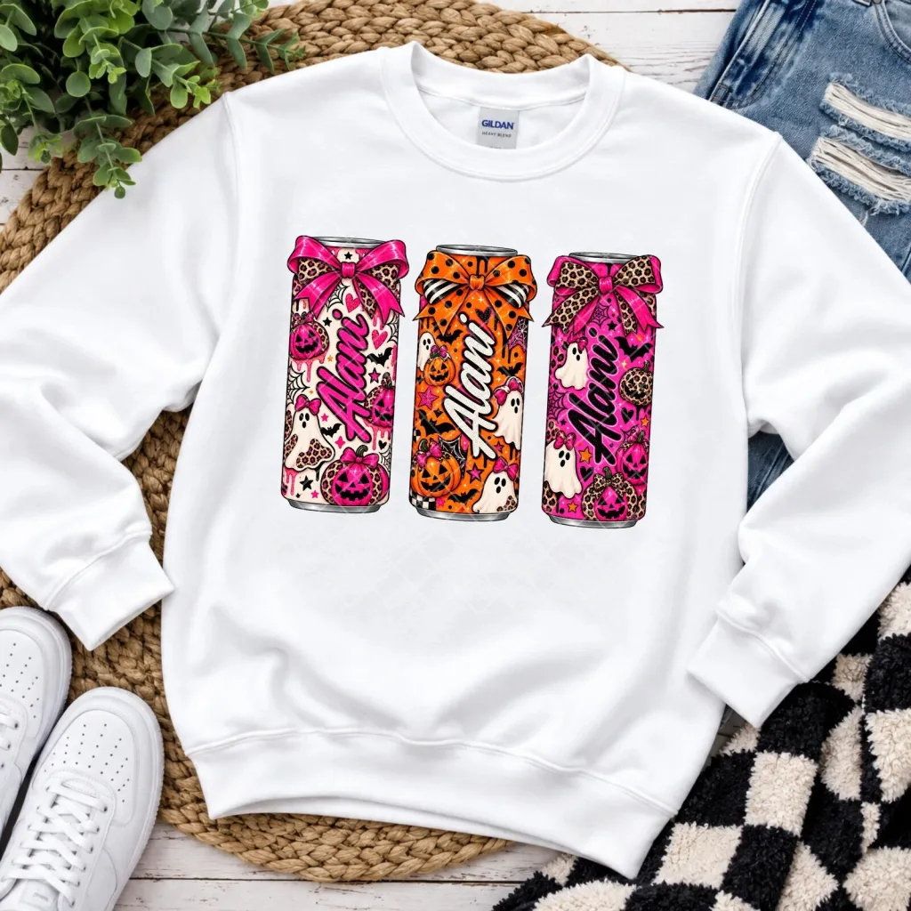 Alani Nu Halloween Spooky Cans Graphic Print White Crewneck Sweatshirt Alani Nu Halloween Spooky Cans Graphic Print White Crewneck Sweatshirt