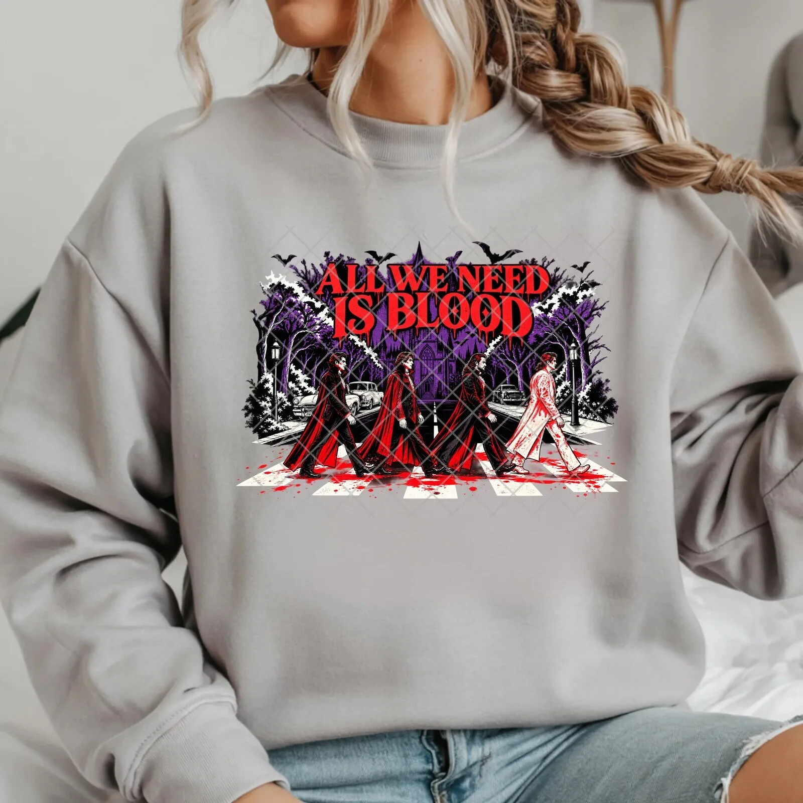 All We Need Is Blood Beatles Abbey Road Halloween Graphic Sweatshirt