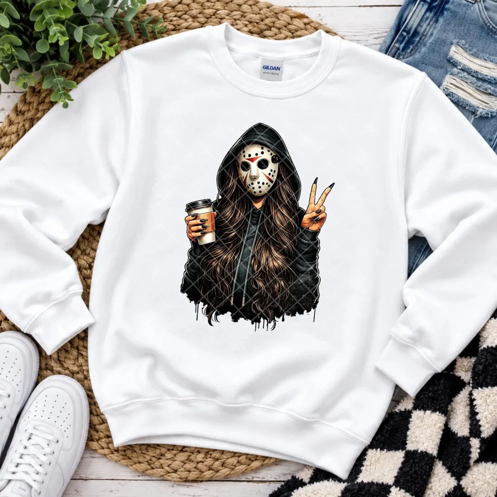 Jason Voorhees Masked Girl Drinking Coffee Horror Movie Graphic Sweatshirt Jason Voorhees Masked Girl Drinking Coffee Horror Movie Graphic Sweatshirt