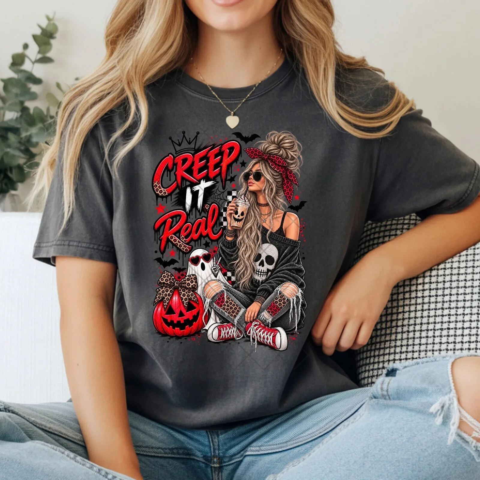 Creep It Real Halloween Spooky Season Skull Girl Graphic T-Shirt