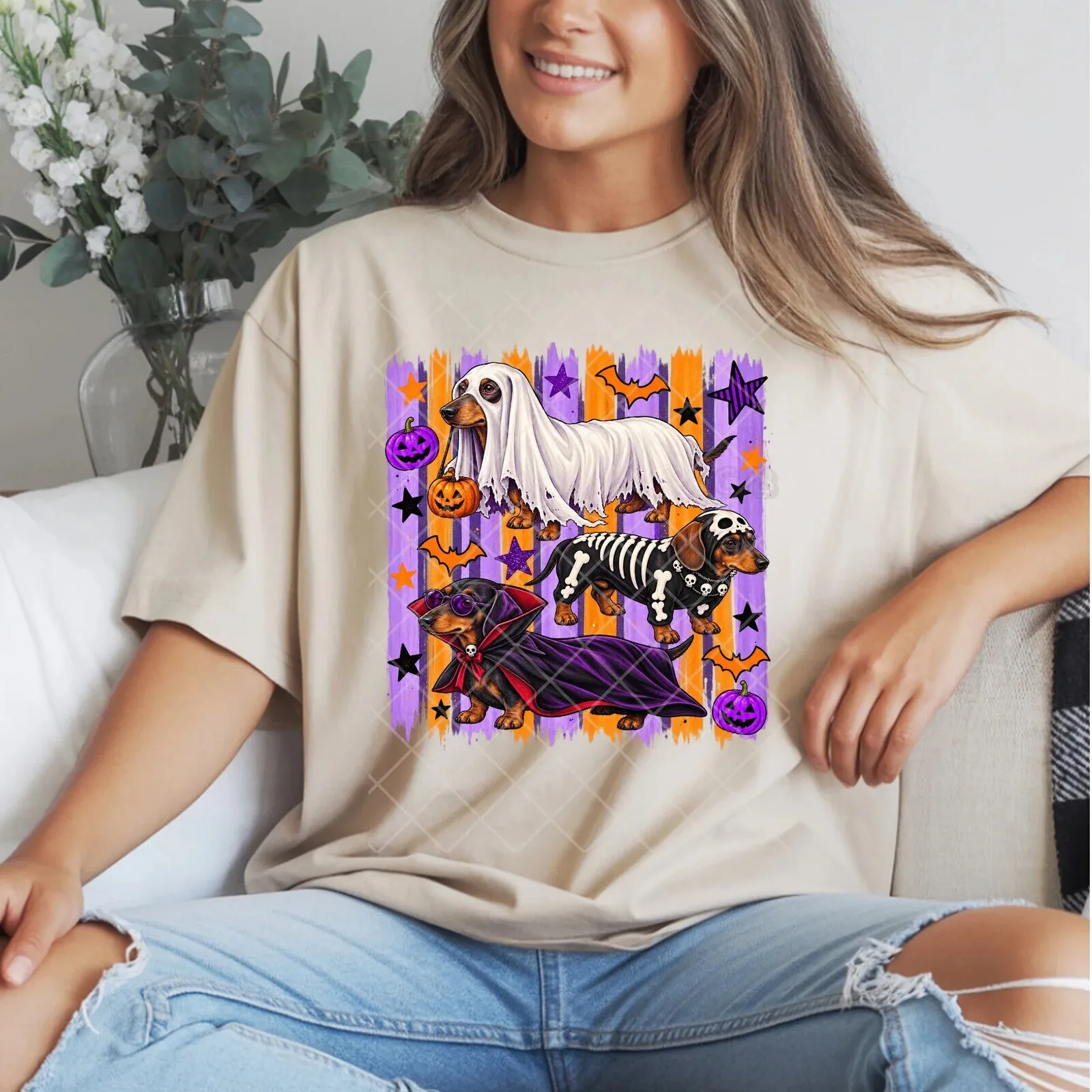 Halloween Dachshund Dogs in Costumes Spooky Funny T-Shirt for Women