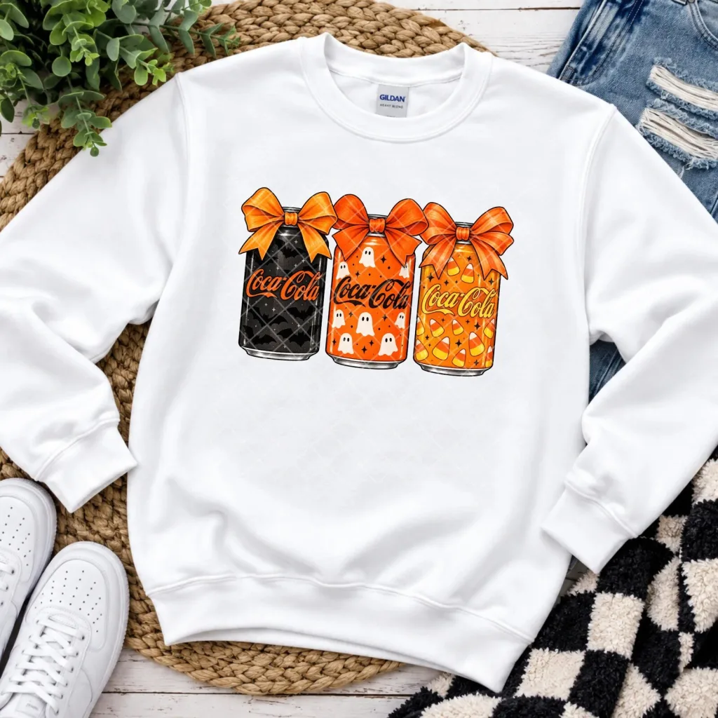 Coca-Cola Halloween Cans Spooky Candy Corn Graphic Crewneck Sweatshirt Coca-Cola Halloween Cans Spooky Candy Corn Graphic Crewneck Sweatshirt