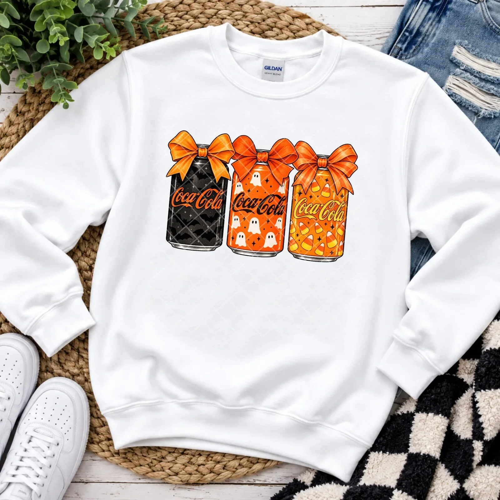 Coca-Cola Halloween Cans Spooky Candy Corn Graphic Crewneck Sweatshirt