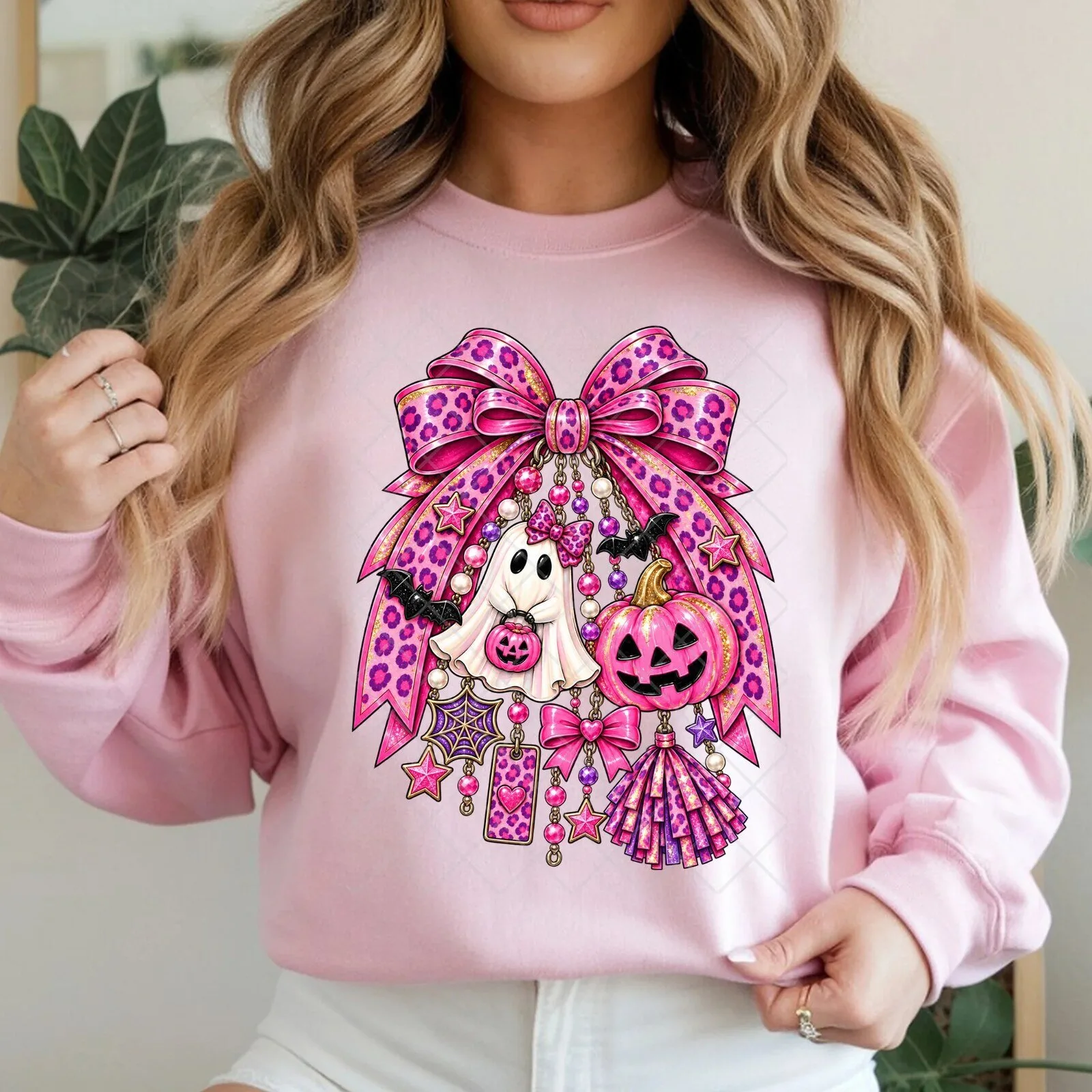 Pink Halloween Ghost and Pumpkin Bow Breast Cancer Awareness Sweatshirt