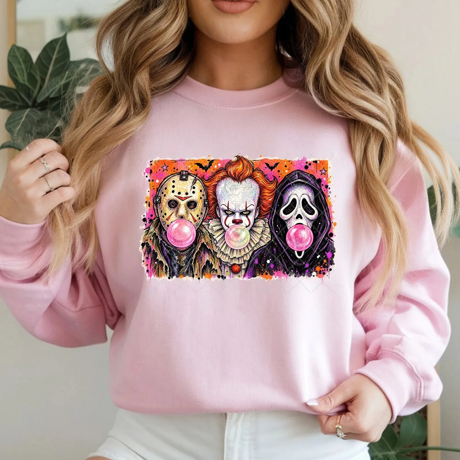 Horror Movie Characters Bubblegum Graphic Sweatshirt for Halloween Costume Party