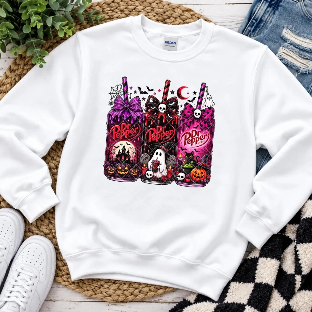 Spooky Dr Pepper Can Trio Halloween Graphic Sweatshirt Spooky Dr Pepper Can Trio Halloween Graphic Sweatshirt