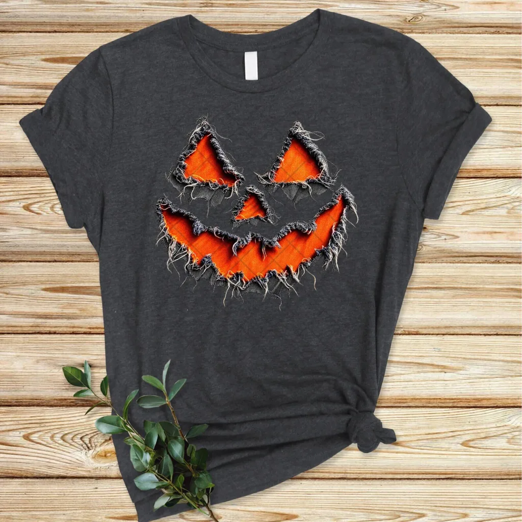 Frayed Fabric Jack-o'-Lantern Face Halloween Graphic T-Shirt Frayed Fabric Jack-o'-Lantern Face Halloween Graphic T-Shirt