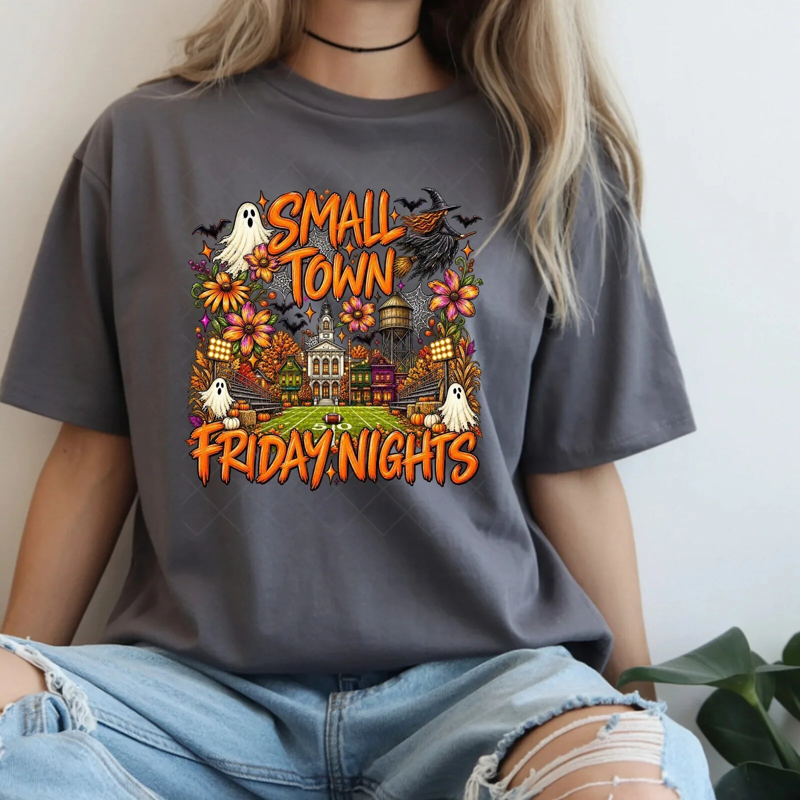 Small Town Friday Nights Halloween Football Game Day Graphic T-Shirt