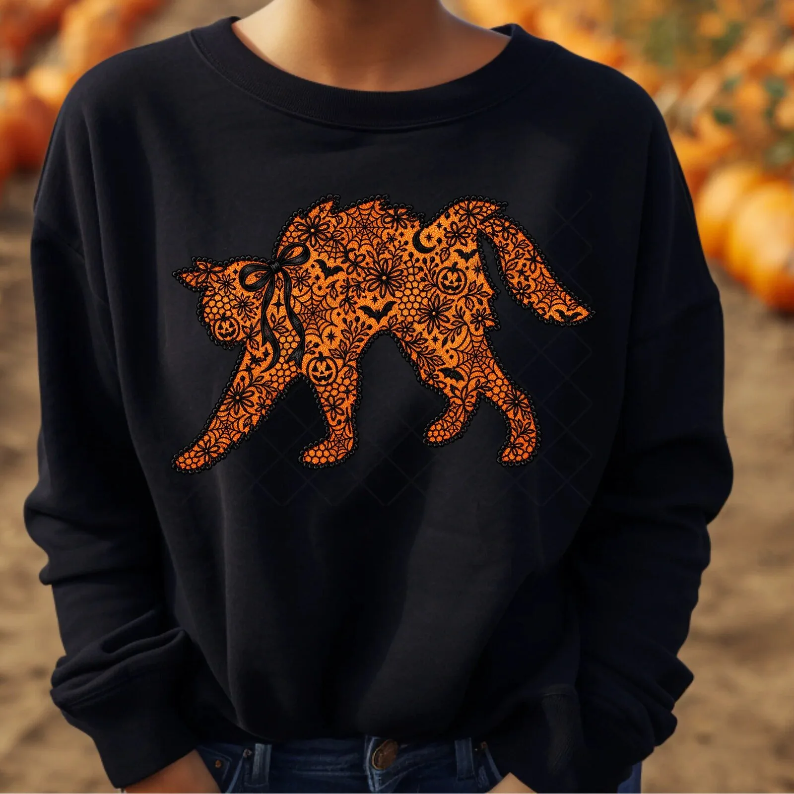 Halloween Black Cat Lace Pattern Orange Spooky Fall Holiday Sweatshirt