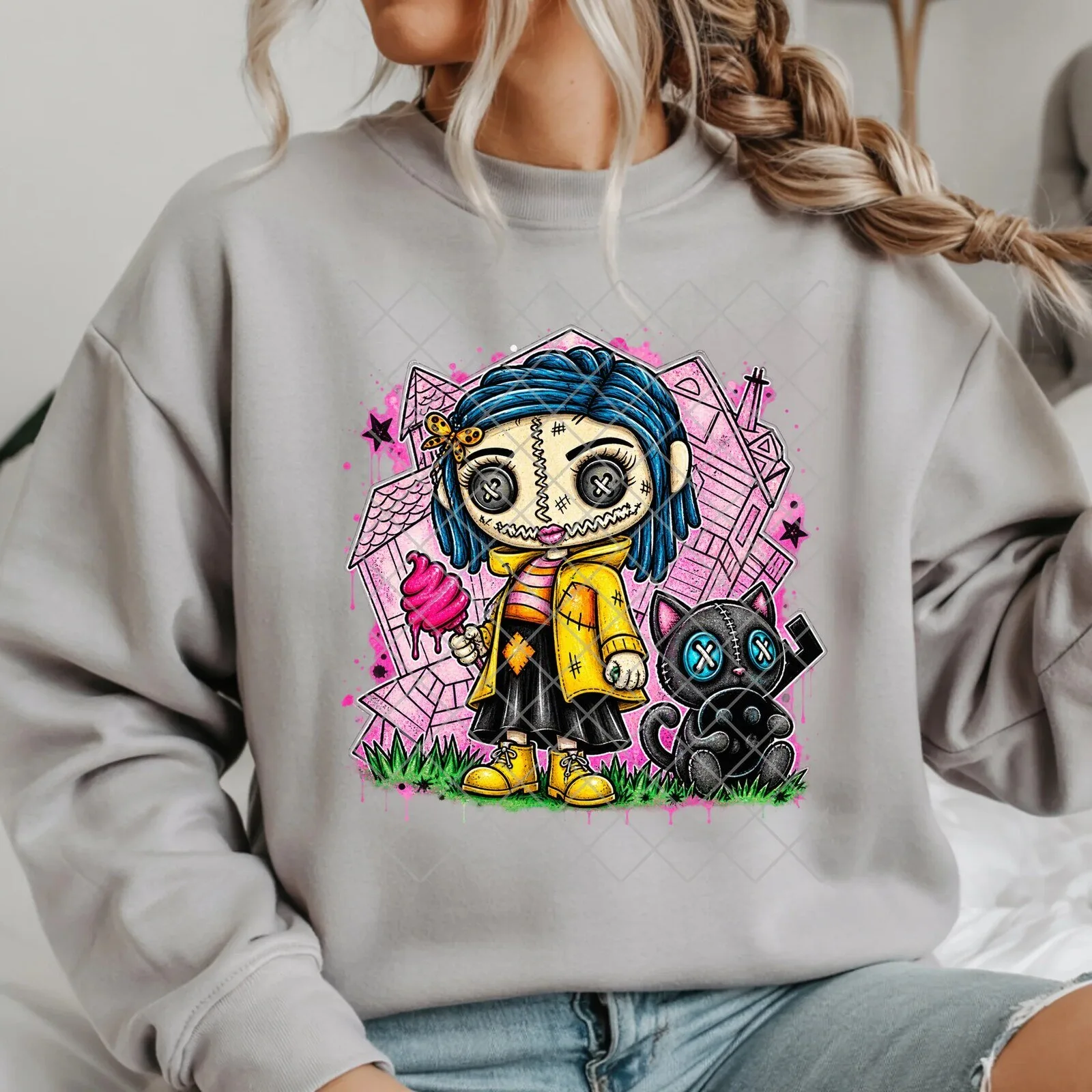 Coraline Doll and Black Cat Spooky Halloween Cartoon Graphic Sweatshirt