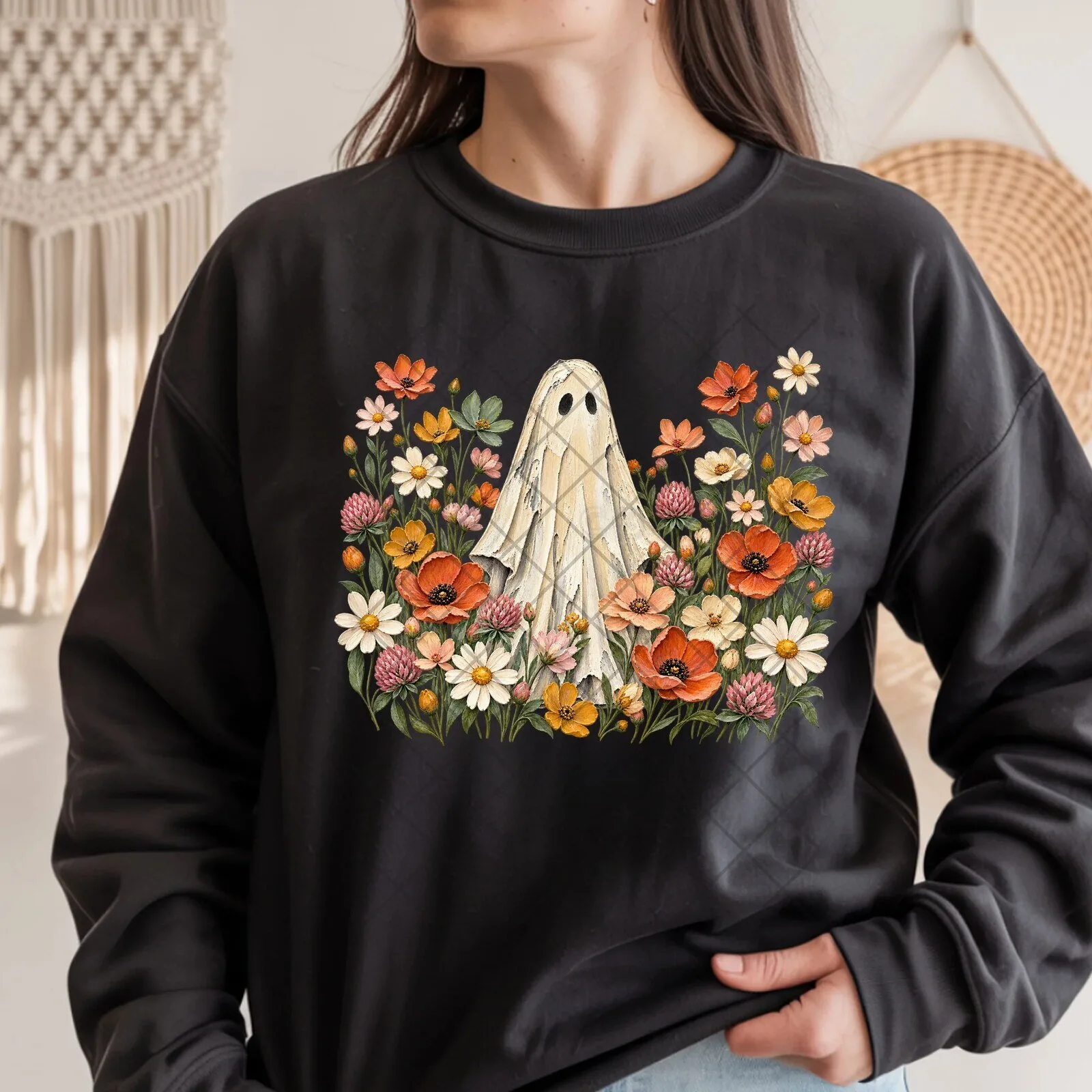 Whimsical Ghost in Wildflower Bloom Premium Graphic Sweatshirt for Casual Wear