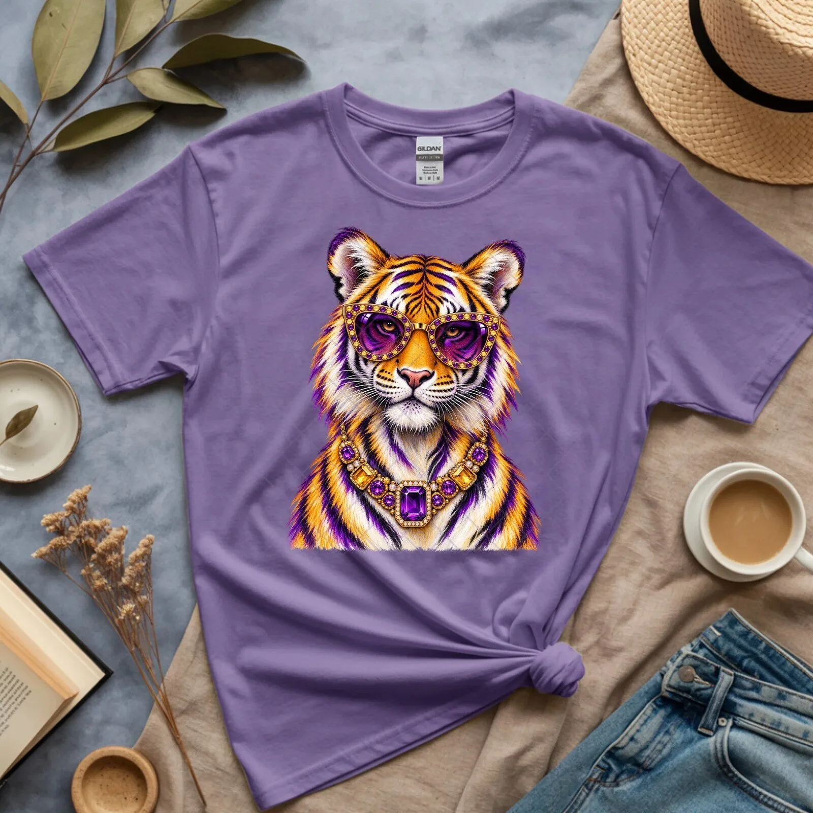 Bling Tiger Purple Sunglasses Gold Chain T-Shirt
