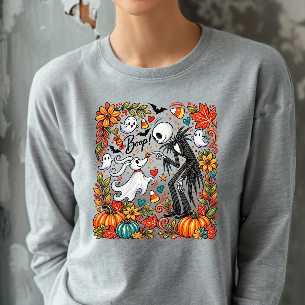 Jack Skellington and Zero Boop Halloween Autumn Floral Sweatshirt Jack Skellington and Zero Boop Halloween Autumn Floral Sweatshirt