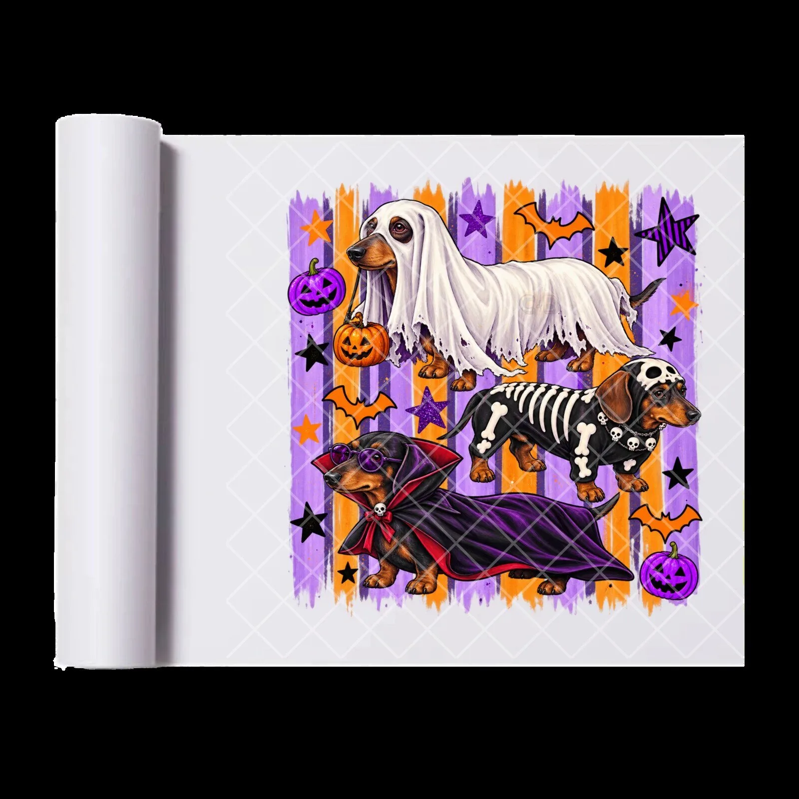 Cute Dachshunds in Halloween Costumes Iron-On Transfer for Apparel and Fabric