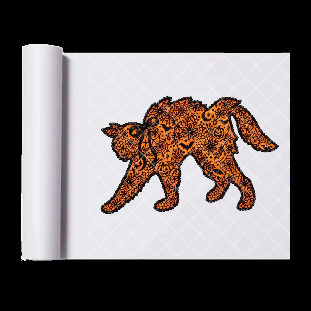 Halloween Scared Black Cat Orange Lace Pattern Ready-to-Press Heat Transfer Halloween Scared Black Cat Orange Lace Pattern Ready-to-Press Heat Transfer