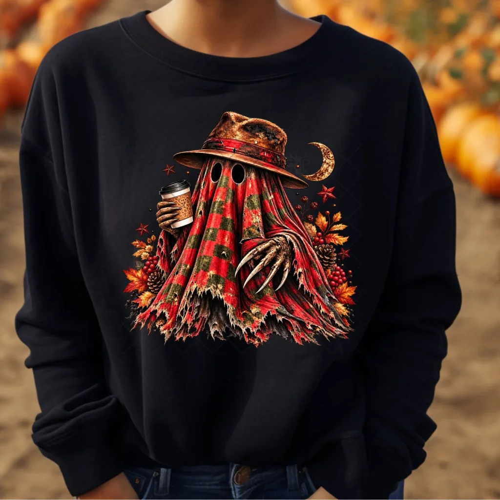 Spooky Plaid Ghost with Coffee and Fall Leaves Halloween Sweatshirt Spooky Plaid Ghost with Coffee and Fall Leaves Halloween Sweatshirt