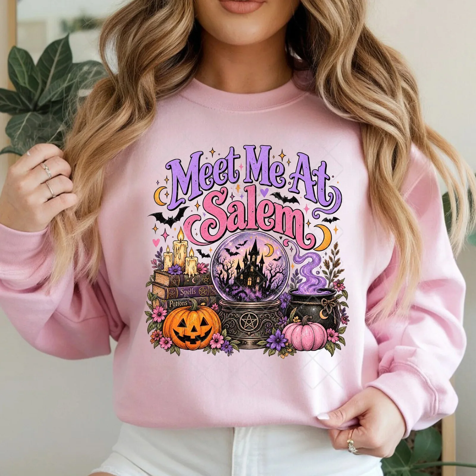 Meet Me At Salem Witchy Halloween Theme Pink Sweatshirt